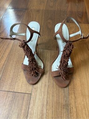 Women's BCBGeneration Clue Fringe T-Strap Brown Suede Sandals